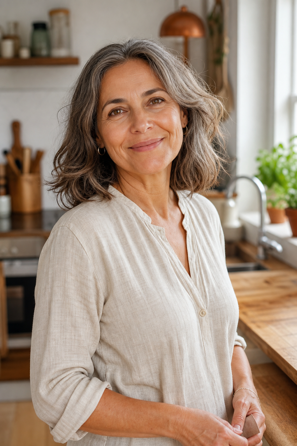 Ana Costa, 57 anos, retrato na cozinha